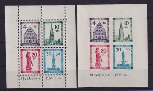 Französische Zone Baden 1949 Wiederaufbau Mi.-Nr. Block 1 A / B postfrisch **