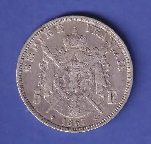 Frankreich Silbermünze 5 Francs Kaiser Napoleon III. 1867