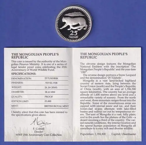 Mongolei Silbermünze 25 Tögrög Schneeleopard 1987 PP
