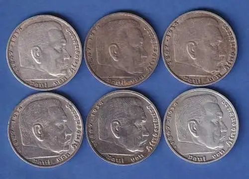 Posten 6 Stück 5-Reichsmark Silbermünzen Paul von Hindenburg mit Hakenkreuz