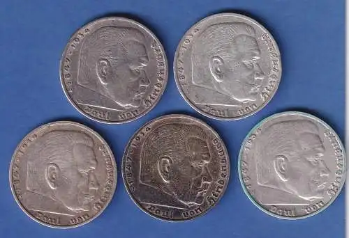 Posten 5 Stück 5-Reichsmark Silbermünzen Paul von Hindenburg (ohne HK)