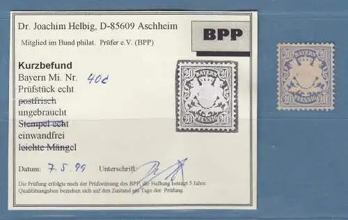 Bayern Wappen 20 Pfennig ultramarin Mi.-Nr. 40 c ungebraucht * KB HELBIG BPP