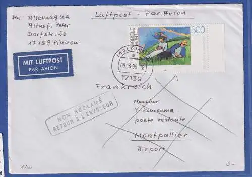 Bundesrepublik Münter Mi.-Nr. 1750 auf Lp-Brief von MALCHIN nach Frankreich 1995