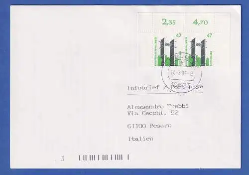 Bundesrepublik SWK 47Pfg Mi.-Nr. 1932 OR-Paar auf Infobrief nach Italien, 1997