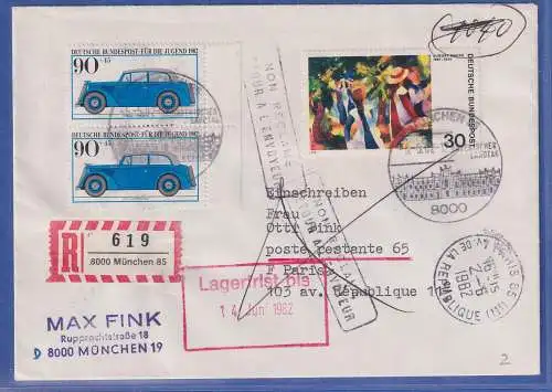 Bund Mi.-Nr. 1126 senkr. Paar in MIF auf R-Lp-Brief von München nach Paris 1982