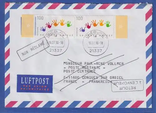 Bund Mi.-Nr.1869 UNICEF Paar als MEF auf Brief nach Frankreich, retour. 1996