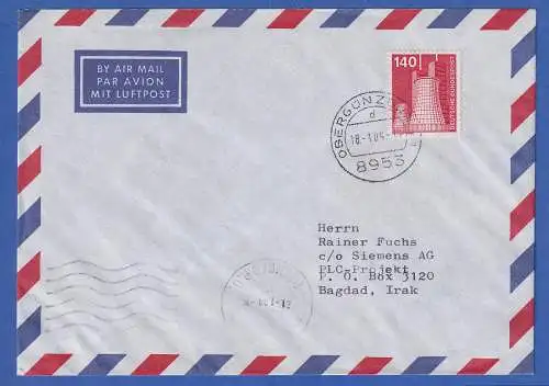 Bund Technik 140Pfg Mi.-Nr. 856 EF auf Lp-Brief in den Irak, O OBERGÜNZBURG 1989