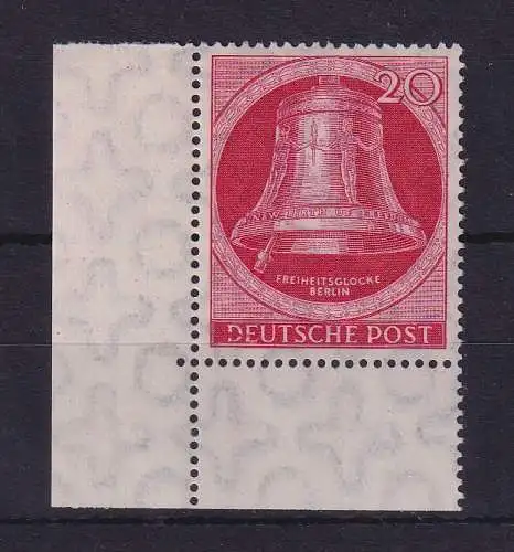 Berlin 1951 Glocke Klöppel links 20 Pfg Mi-Nr. 77 Eckrandstück UL postfrisch **