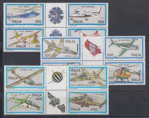 Italien 1981-83 Flugzeugbau, Luftfahrt Set 3 Zusammendruck-Viererblocks **