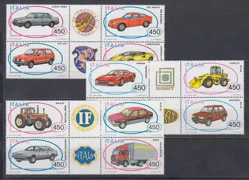 Italien 1984-86 Automobilbau, Fahrzeuge Set 3 Zusammendruck-Viererblocks **