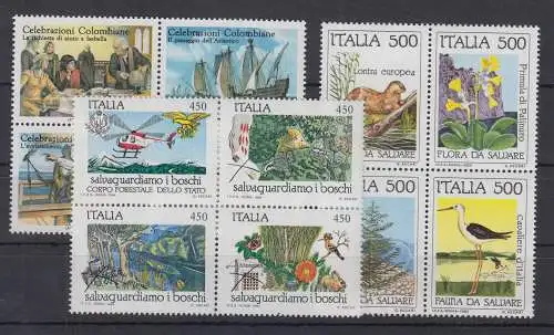 Italien 1984-92 Columbus, Naturschutz Set 3 Zusammendruck-Viererblocks **