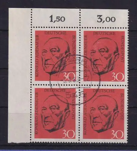 Bundesrepublik 1968 Adenauer Mi.-Nr. 567 Eckrandviererblock OL  gestempelt