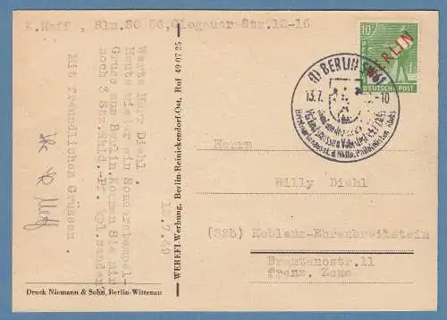 Berlin 1949 Karte mit 10Pfg Rotaufdruck mit So.-O BERLIN SW61 gel. nach Koblenz