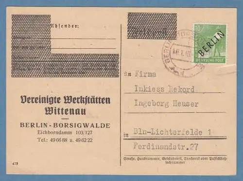 Berlin 1949 Karte mit 10Pfg Schwarzaufdruck gest. BERLIN-BORSIGWALDE 