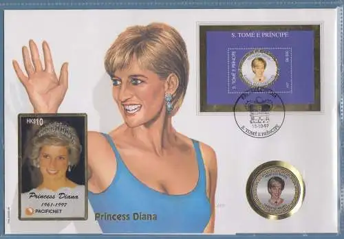 Lady Diana 1997 Numisbrief Block S.Tomé, Münze Uganda, Telefonkarte Hongkong