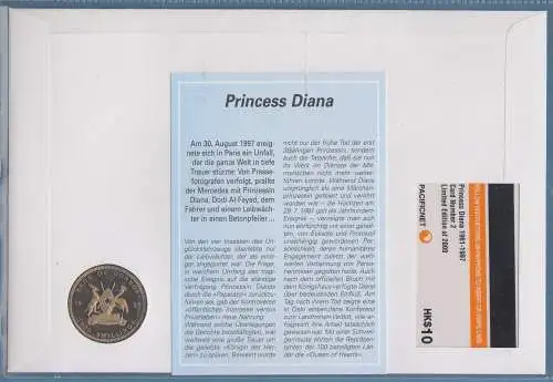 Lady Diana 1997 Numisbrief Block S.Tomé, Münze Uganda, Telefonkarte Hongkong