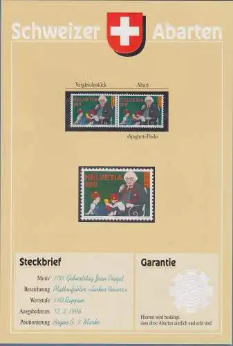 Schweiz 1996 Jean Piaget mit Plattenfehler Spaghetti-Fleck  Mi.-Nr. 1575 I **