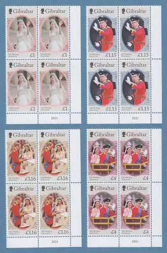 Gibraltar 2021 Hochzeitstag William & Kate Mi.-Nr. 2008-11 Eckrand-4er-Blocks **