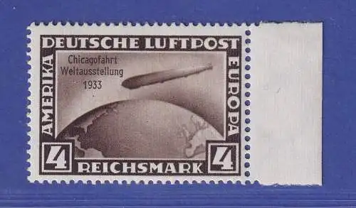 Dt. Reich 1933 Zeppelin Chicagofahrt 4RM Mi-Nr.498** Seitenrand gp. SCHLEGEL BPP