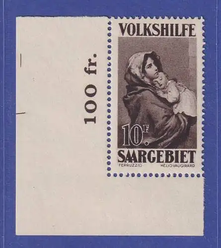 Saargebiet 1929 Volkshilfe Mutter und Kind Mi.-Nr. 141 Eckrandstück UL **