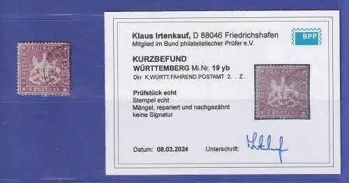 Württemberg 9 Kreuzer lilarot Mi.-Nr. 19yb  O  KB IRTENKAUF BPP