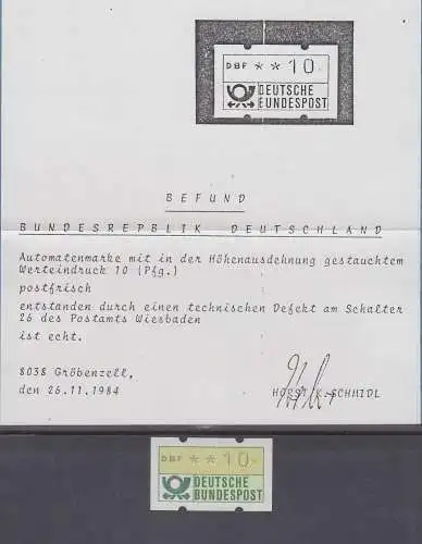 Bund ATM 1. Ausgabe gestauchter Werteindruck (Wiesbaden1983) Wert 10Pfg, Befund