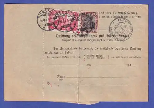 Dt. Reich Germania Mi.-Nr. 152, 154 etc. in MiF auf Auslands-Paketkarte O CASSEL