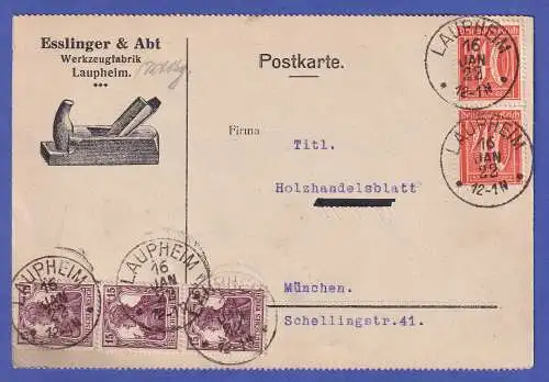 Dt. Reich Ziffer 40 Pfg. Mi.-Nr. 163 Paar etc. in MiF auf Postkarte O LAUPHEIM