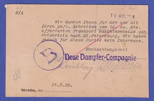 Dt. Reich Germania 75 Pfg. Mi.-Nr. 148 I und 164 in MiF auf Karte O STETTIN