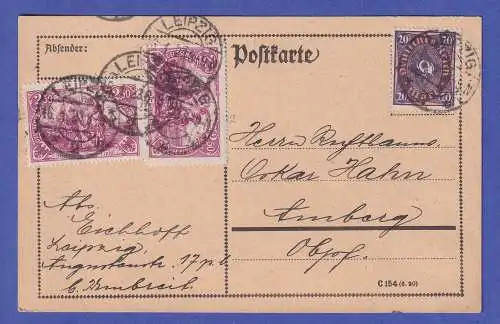 Dt. Reich Mi.-Nr. 115f und 207P in MiF auf Postkarte O LEIPZIG