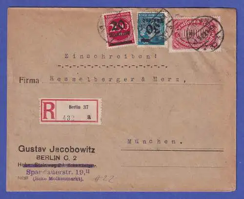 Dt. Reich 100Tausend Mark Mi.-Nr. 257 etc. in MiF auf R-Brief O BERLIN