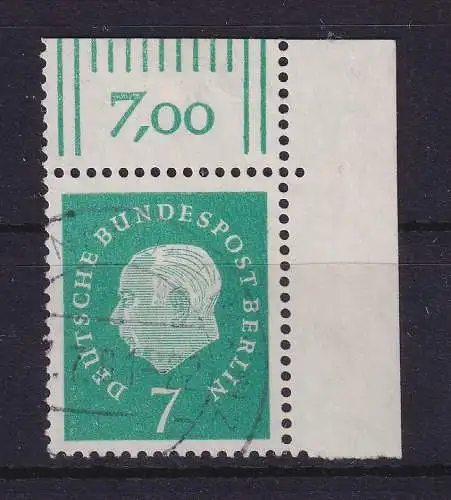 Berlin 1959 Heuss 7 Pfg  Mi.-Nr. 182wW OR Eckrandstück OR  O gpr. SCHLEGEL BPP