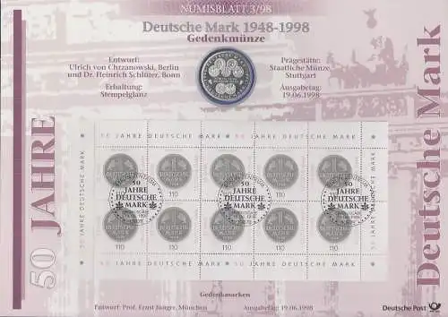 Bundesrepublik Numisblatt 3/1998 50 Jahre Deutsche Mark mit 10-DM-Silbermünze