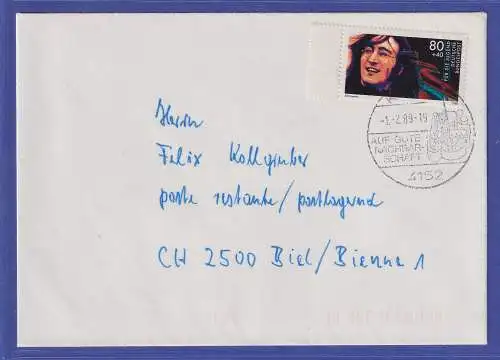 Bund 1988 Pop John Lennon Mi.-Nr. 1363 als EF auf Brief nach CH O KEUPER