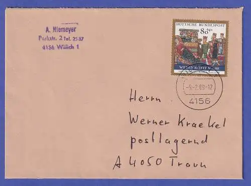 Bund 1988 Weihnachten Mi.-Nr. 1396 als EF auf Auslands-Brief O WILLICH