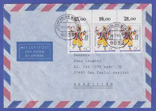 Bund 1988 Karneval Mi.-Nr. 1349 OR-3-Streifen als MEF a. Luftpostbrief O LOCHHAM