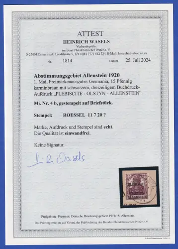Abstimmungsgebiet Allenstein 15Pfg. karminbraun Mi.-Nr. 4b Briefst., BPP-Attest