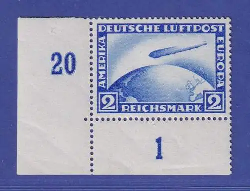 Dt. Reich 1928 Luftschiff 2 RM Mi.-Nr. 423 Eckrandstück UL ** gpr. PESCHL BPP