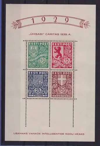 Estland 1939 Caritas Mi.-Nr. Block 3 postfrisch ** / MNH 