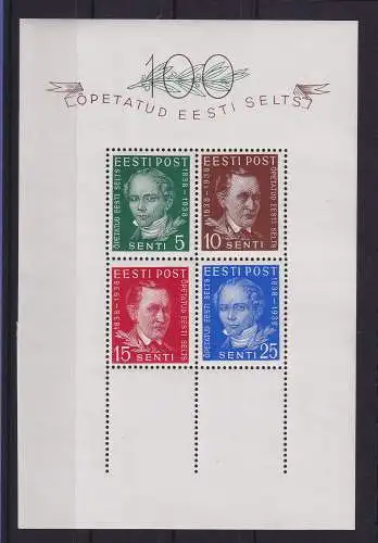 Estland 1938 Literarische Gesellschaft Mi.-Nr. Block 2 postfrisch ** / MNH 