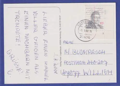 Bund 1989 Mi.-Nr. 1423 Ecke mit Formnummer 1 EF auf Bildpostkarte O CUXHAVEN