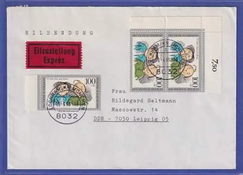 Bund Mi.-Nr. 1458 Eckrandpaar und Einzelmarke als MEF a. Eilbrief FDC O LOCHHAM