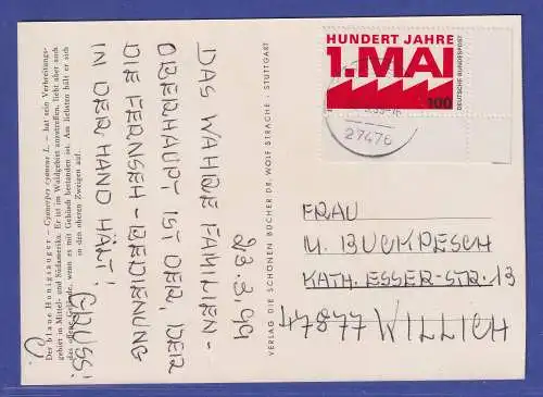 Bund 1990 1. Mai Mi.-Nr. 1459 Eckrandstück als EF auf Postkarte O CUXHAVEN