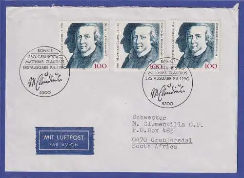 Bund 1990 M. Claudius Mi.-Nr. 1473 als MEF auf Luftpostbrief mit ET-So.-O BONN