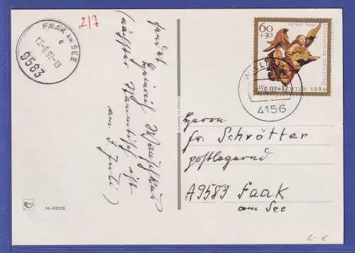 Bund 1989 Weihnachtsengel Mi.-Nr. 1442 als EF auf Postkarte O WILLICH