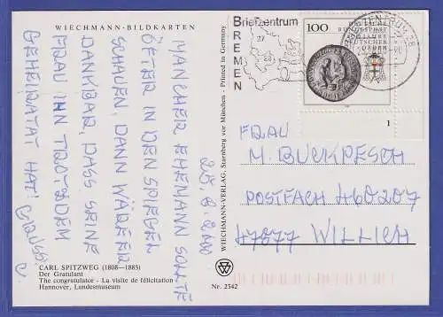 Bund 1990 Mi.-Nr. 1451 Ecke mit Formnummer 1 EF auf Postkarte O BRIEFZENTRUM 28