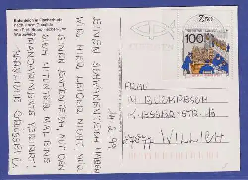 Bund 1990 Wohlfahrt Mi.-Nr. 1476 Eckrandstück als EF auf Postkarte O CUXHAVEN