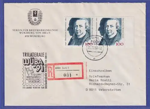 Bund 1990 M. Claudius Mi.-Nr. 1473 Paar als MEF auf R-Brief O SUHL