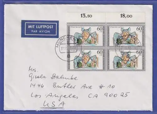 Bund 1990 Jugend Mi.-Nr. 1455 OR-Viererblock als MEF auf LP-Brief O MÜNCHEN