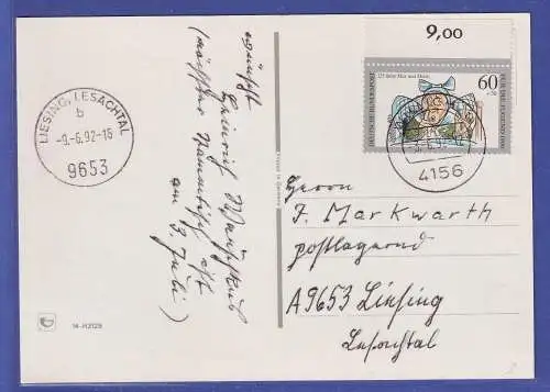 Bund 1990 Jugend Mi.-Nr. 1455 Oberrandstück als EF auf Postkarte O WILLICH